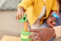 Close up of baby playing toy blocks at home Royalty Free Stock Photo