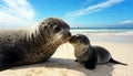 Close-up of a Baby Seal Kissing its Mother in a Sunny Sandy Beach - Generative Ai Royalty Free Stock Photo