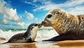 Close-up of a Baby Seal Kissing its Mother in a Sunny Sandy Beach - Generative Ai Royalty Free Stock Photo