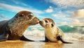 Close-up of a Baby Seal Kissing its Mother in a Sunny Sandy Beach - Generative Ai Royalty Free Stock Photo