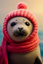 Close up of baby seal wearing knitted hat and scarf