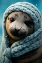 Close up of baby seal wearing knitted hat and scarf