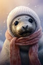 Close up of baby seal wearing knitted hat and scarf