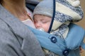 Close up of a baby sleeping in a baby carrier on his mother's chest or cleavage, in an exceptionally intimate closeness Royalty Free Stock Photo