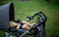 Sweet little boy sleeping in a stroller Royalty Free Stock Photo