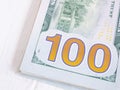 Close up, back side number 100 of American one hundred dollar bill background. Royalty Free Stock Photo