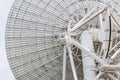 Close up back side view big white satellite dish turn up skyward