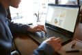 Close-up back view of caucasian businessman hands typing on laptop keyboard and using touchpad. Notebook and pen on Royalty Free Stock Photo