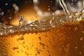 Close up background of beer with bubbles in glass. Pouring beer with bubble froth in glass for background on front view wave curve