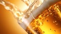 Close up background of beer with bubbles in glass. Pouring beer with bubble froth in glass for background on front view wave curve