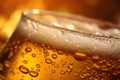 Close up background of beer with bubbles in glass. Pouring beer with bubble froth in glass for background on front view wave curve