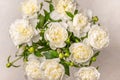 Close up background of fresh bouquet of white peonies on light table. Selective focus wedding flowers flat lay