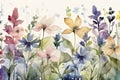 Close up Background of Multicolored Cosmos Flowers watercolors. ai generative.