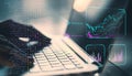 Close up of backlit female hands using notebook keyboard with creative glowing business chart and ai binary code nodes on blurry