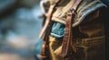 A close up of a backpack with brown leather straps, AI