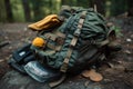 close-up of backpack, with hiking or survival gear visible