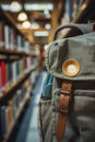 Close-up of a backpack, scholarly setting, theme of original work versus plagiarism, blurred books