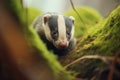 close-up of a badgers face peeking from its den