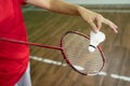 Close up of badminton player& x27;s hand holding racket and shuttlecock Royalty Free Stock Photo