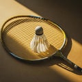 close-up of a badminton racket and a shuttlecock lying on a wooden table. Royalty Free Stock Photo