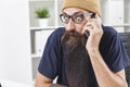 Close up of baffled man with long beard on the phone