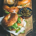 Close-up of bagels, espresso coffee in glass and capers Royalty Free Stock Photo