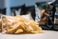 close-up of bagged potatoes chips, with view of product and price visible