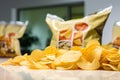 close-up of bagged potatoes chips, with view of product and price visible