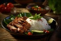 Bai sach chrouk grilled pork and white rice Cambodian food AI generated