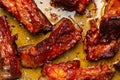 Close up of baked meat, pork ribs with barbecue Royalty Free Stock Photo