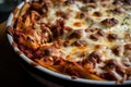 Close-up of a baked ziti pie, with crispy edges and layers of pasta, cheese, and meat, in a deep-dish baking pan