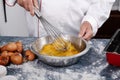 Close-up of a baker mixing eggs with a hand blender in a steel bowl