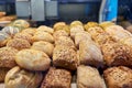 Close-up of bakery pastry shop display with fresh buns Royalty Free Stock Photo