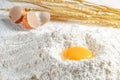 Close up baking egg on powder , white wood