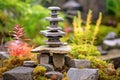 close-up of balanced stone tower in a zen garden