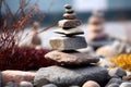 close-up of balanced stone tower in a zen garden