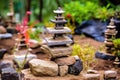 close-up of balanced stone tower in a zen garden