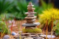 close-up of balanced stone tower in a zen garden