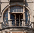 Close up of balcony with details at 92 Rue Africaine, Brussels, Belgium, built in typical Art Nouveau style by Benjamin De LestrÃÂ©