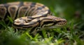 Close-up of a Ball Python snake coiled in green grass reptile animal Royalty Free Stock Photo