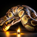 Close-up of a Ball Python snake with intricate scale patterns illuminated by a small flame Royalty Free Stock Photo
