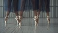 Close-up of ballet dancers legs in pointe shoes, tights and mesh skirt training in the choreography room on the wooden Royalty Free Stock Photo