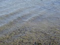 Close up of Baltic sea ripple on water surface with sunlight reflecting on a sunny day. Small smooth brown stones Royalty Free Stock Photo