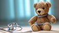 Close up Bandaged Plush Teddy Bear with Stethoscope Device on Top of a Glass Table. Generative Ai Royalty Free Stock Photo