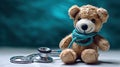 Close up Bandaged Plush Teddy Bear with Stethoscope Device on Top of a Glass Table. Generative Ai Royalty Free Stock Photo