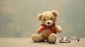 Close up Bandaged Plush Teddy Bear with Stethoscope Device on Top of a Glass Table. Generative Ai Royalty Free Stock Photo