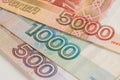 Close-up of banknotes. Five thousand, one thousand, five hundred rubles. Royalty Free Stock Photo