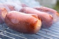 Close up barbecue grill with meat and sausages cooking during summer garden party Royalty Free Stock Photo