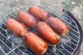 Close up barbecue grill with meat and sausages cooking during summer garden party Royalty Free Stock Photo