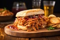 close up of a barbecue jackfruit sandwich served on a rustic wooden table